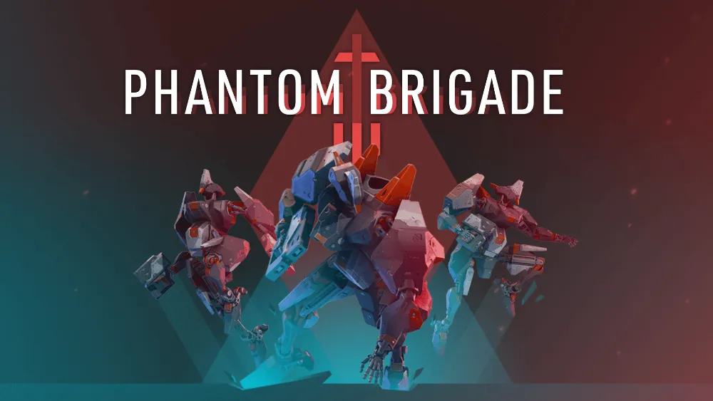 Trzy mechy. Wielki napis i logo Phantom Brigade.