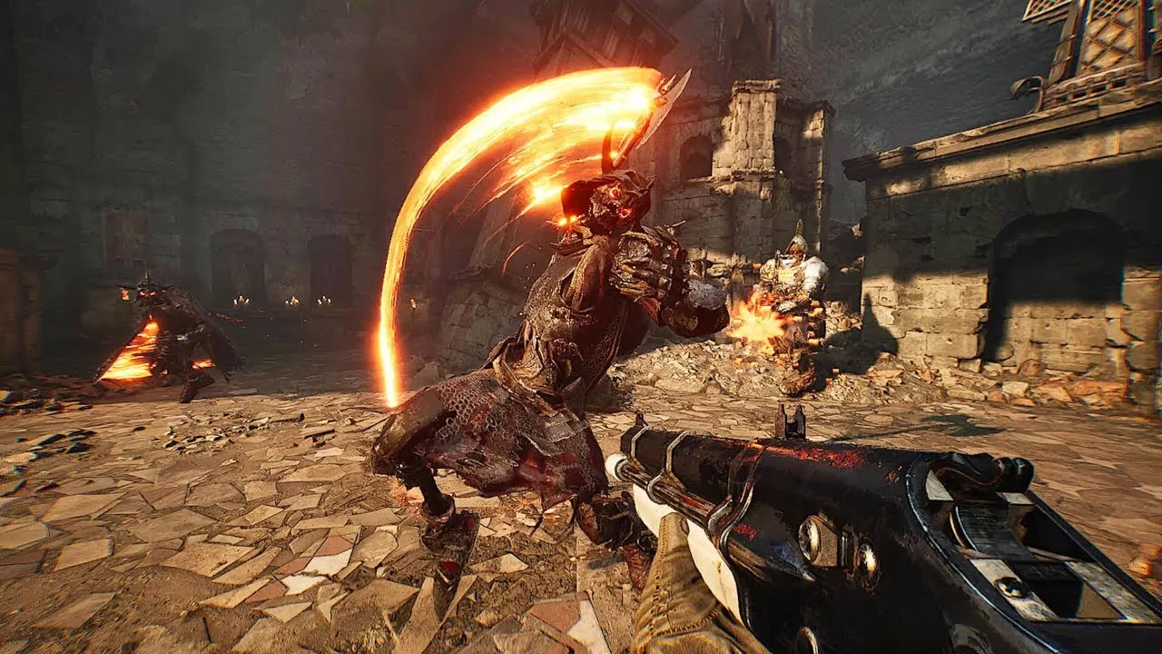 Potwór z płonącym toporem skaczący na postać gracza, trzymającą broń palną.