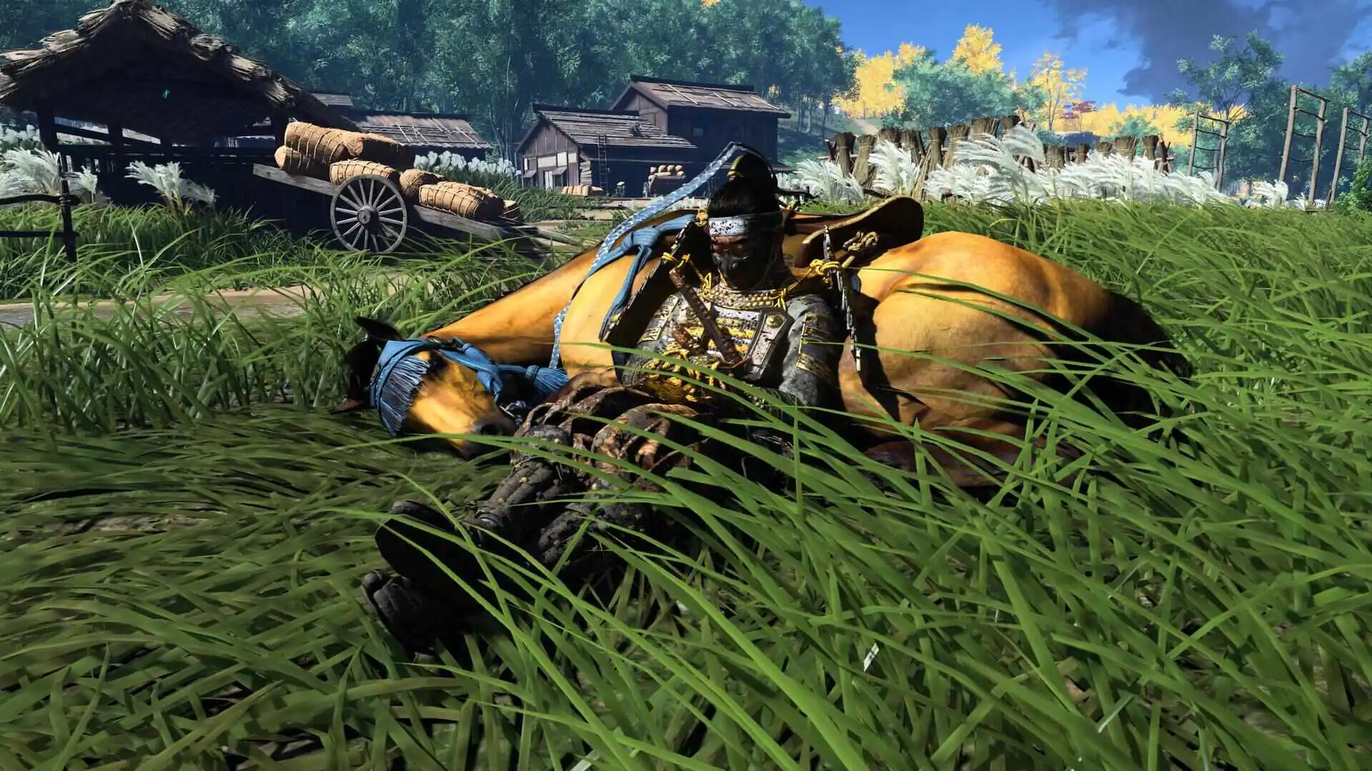 Ghost of Tsushima chłop i kucyk śpią