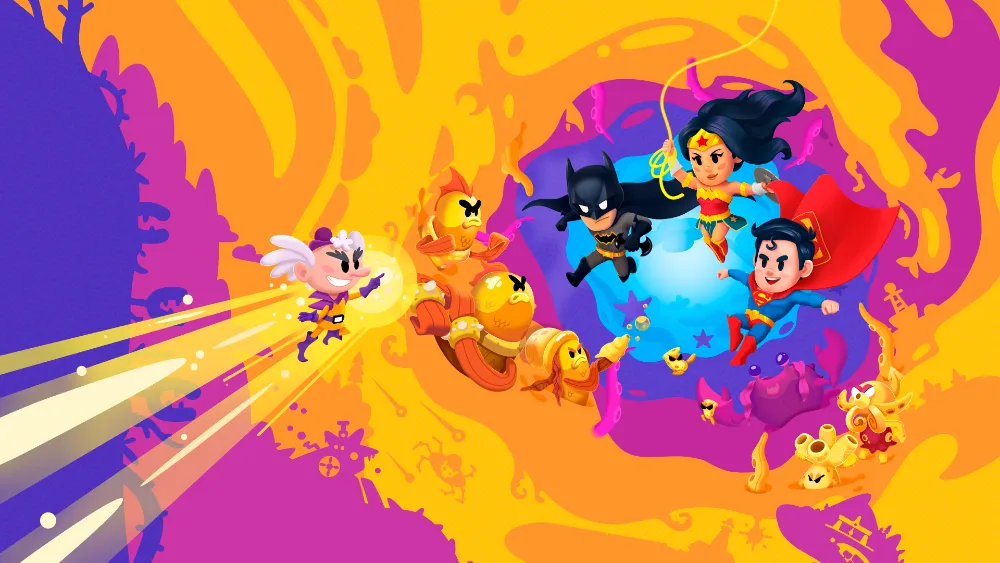 Grafika Justice League Cosmic Chaos, na której kreskówkowa Wonder Woman, Superman i Batman walczą z Mr. Mxyzptlk.