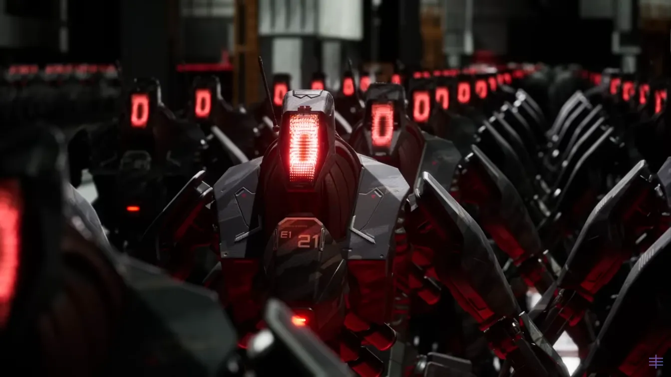 Screenshot z teasera gry MindsEye. Na grafice widać ustawione w szeregu roboty.