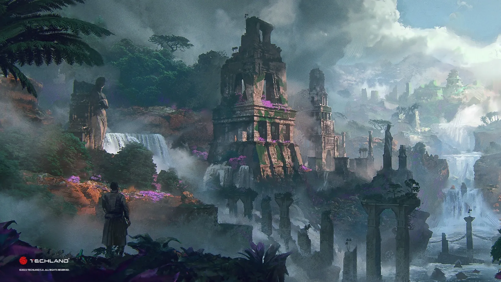 Fantasy RPG Techland - grafika ukazująca postać obserwującą budowle w tle