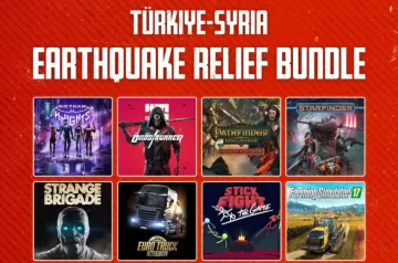 Humble Bundle dla Turcij i Syrii Turkiye-Syria Earthquake Relief Bundle, a pod spodem grafiki z gier Gotham Knights, Ghostrunner, Pathfinder, Starfinder, Strange Brigade, Eurotruck Simulator, Stick Fight, Farming Simulator 17