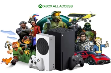 Grafika przedstawiająca konsole Xbox i postaci z gier. Xbox Game Pass