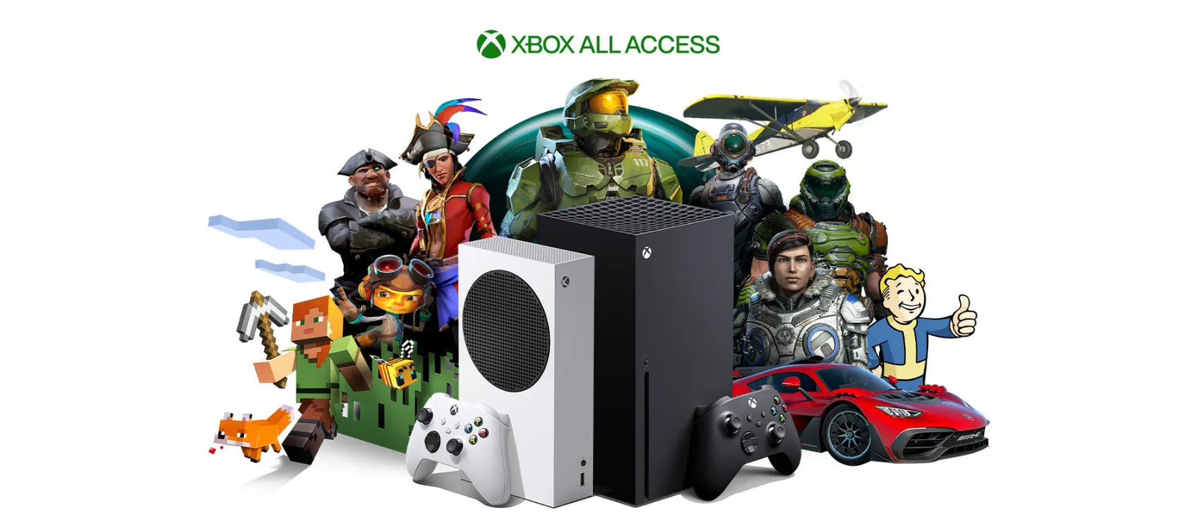 Grafika przedstawiająca konsole Xbox i postaci z gier. Xbox Game Pass