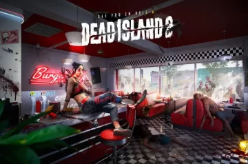 Grafika z Dead Island 2. Kobieta siedząca na blacie restauracji i popijająca napój przez słomkę. W restauracji widoczne są ślady walki oraz ciała zombie.