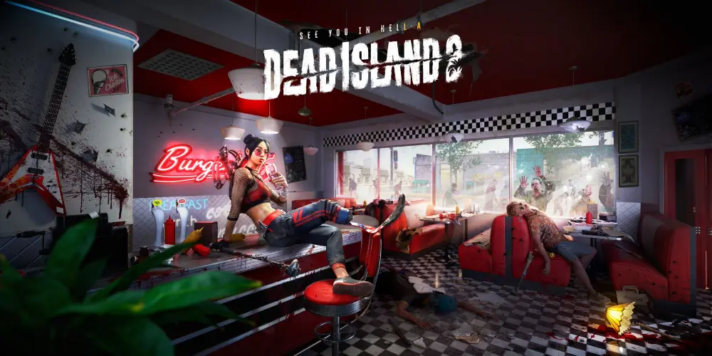Grafika z Dead Island 2. Kobieta siedząca na blacie restauracji i popijająca napój przez słomkę. W restauracji widoczne są ślady walki oraz ciała zombie.