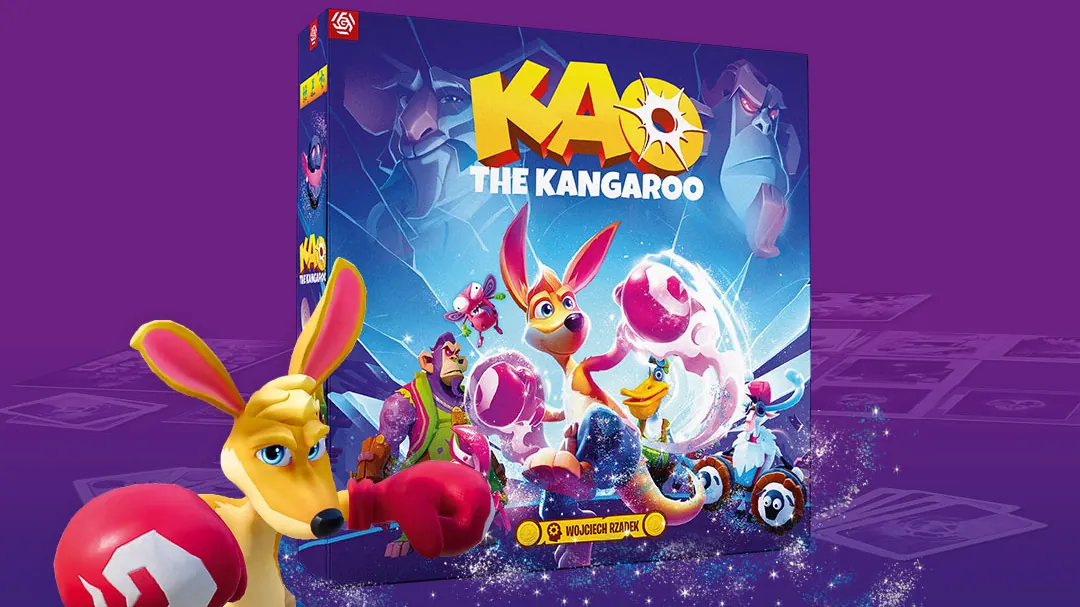Planszówka Kangurek Kao, pudełko z grą, na którym widać kangura w rękawicach bokserskich, a także kilka innych kolorowych postaci z gry