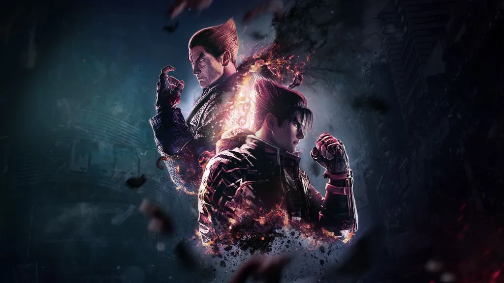 Grafika z gry Tekken 8 przedstawiająca dwie postacie na ciemnym tle