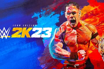 Okładka gry WWE 2k23. John Cena bez koszulki prężący muskuły i trzymający pas mistrzowski w ręce. Obok niego widnieje tytuł gry. Tło stanowią dwa kolory, niebieski i pomarańczowy. Cała grafika wygląda, jakby była namalowana farbami.