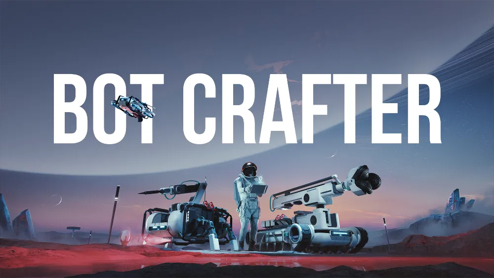 Bot Crafter. Astronauta na obcej planecie w towarzystwie kilku łazików.