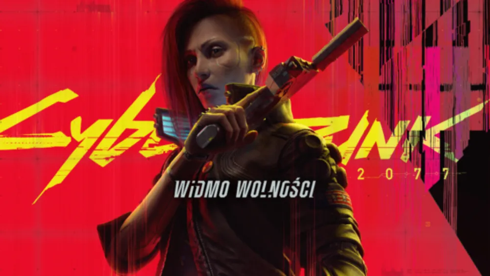 V, postać z Cyberpunk 2077, na niej napis Widmo Wolności – Phantom Liberty