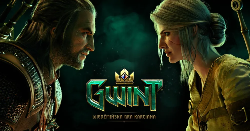 Okładka gry Gwint. Geralt i Ciri spoglądający na siebie intensywnie.