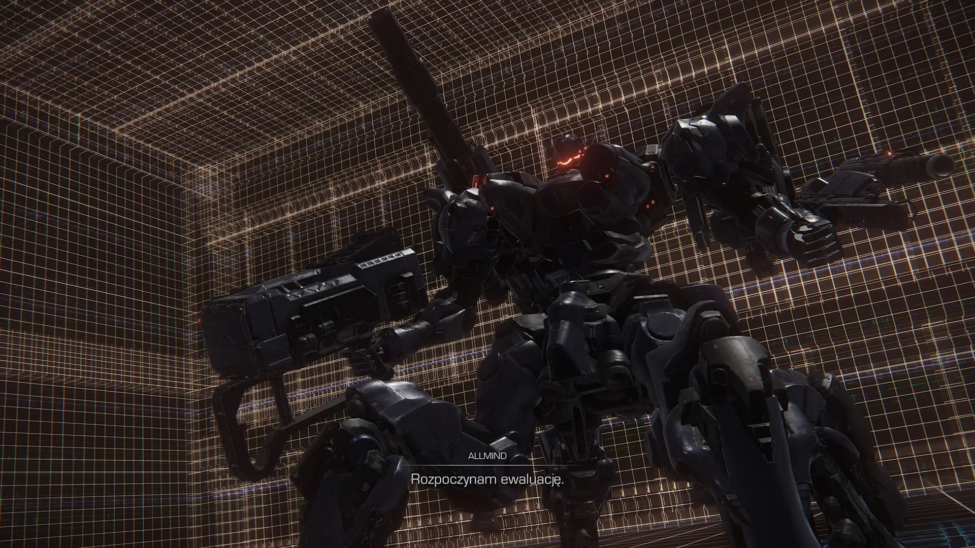 Armored Core przeciwnika, wyposażony w liczną broń i ustawiony na czterech nogach