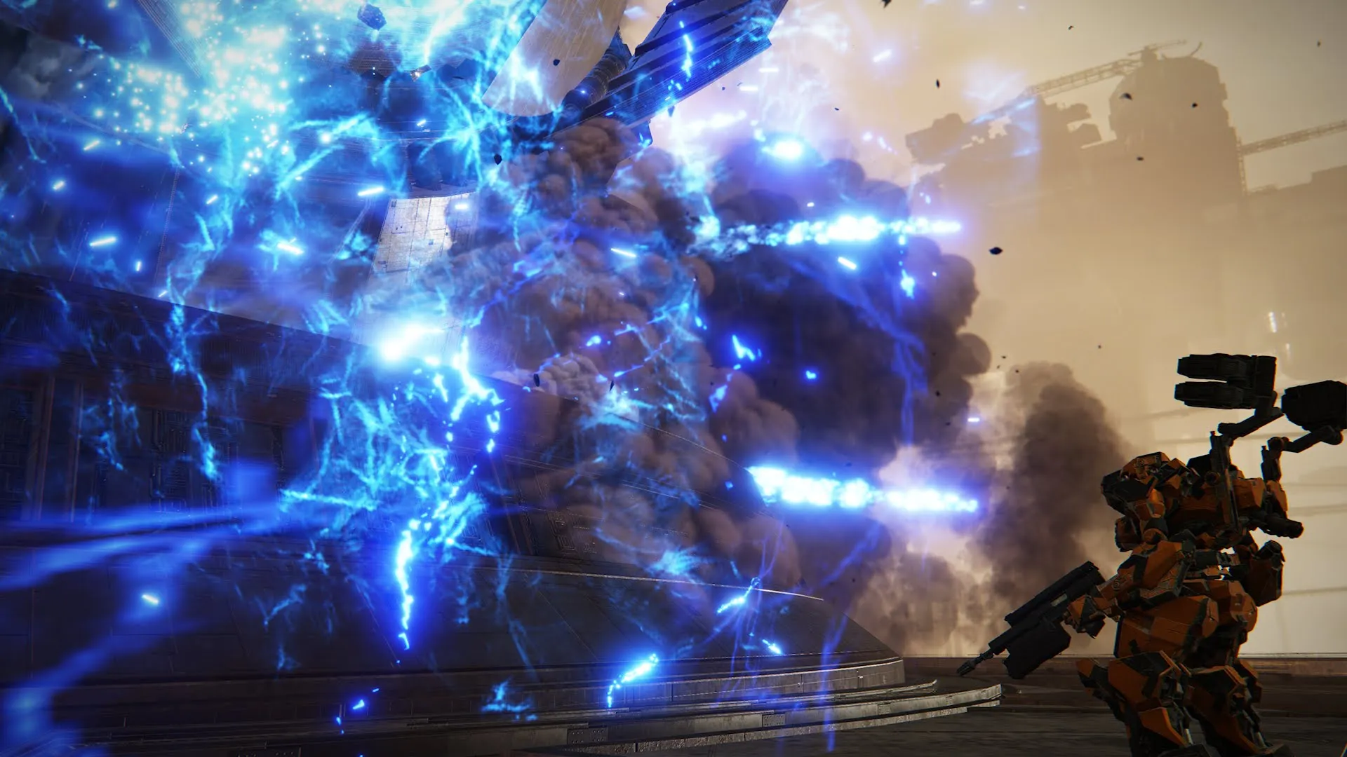 Armored Core VI, Armored Core stojący obok ogromnej chmury po wybuchu, z której emitowana jest niebieska energia