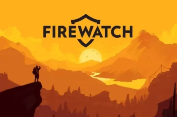 Okładka Firewatch. Stylizowany zachód słońca, gdzie widać także góry, rzekę i lasy. Na pierwszym planie sylwetka człowieka stojącego na półce skalnej.