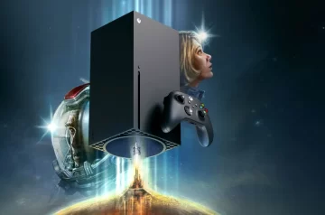 Konsola Xbox Series X oraz pad na tle grafiki ze Starfielda
