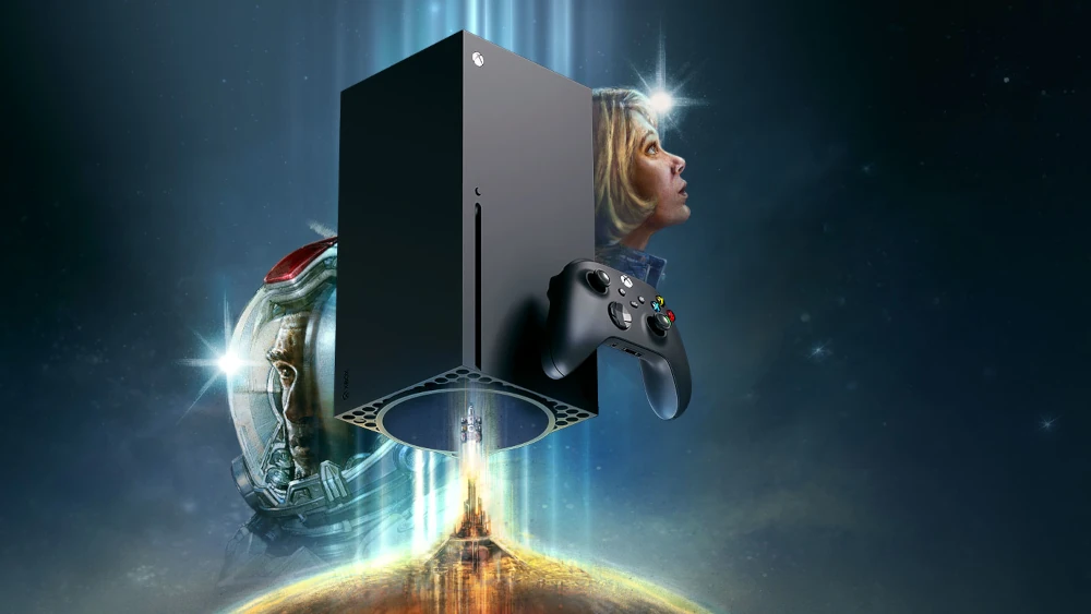 Konsola Xbox Series X oraz pad na tle grafiki ze Starfielda