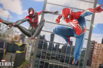 Marvel's Spider-Man 2 - Miles Morales i Peter Parker w powietrzu na tle wieżowca