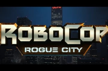 Tytuł gry Robocop Rogue City na tle miasta