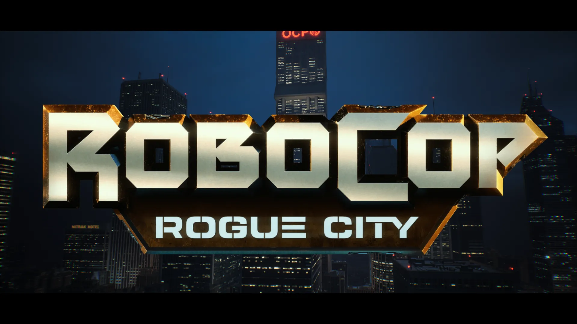 Tytuł gry Robocop Rogue City na tle miasta