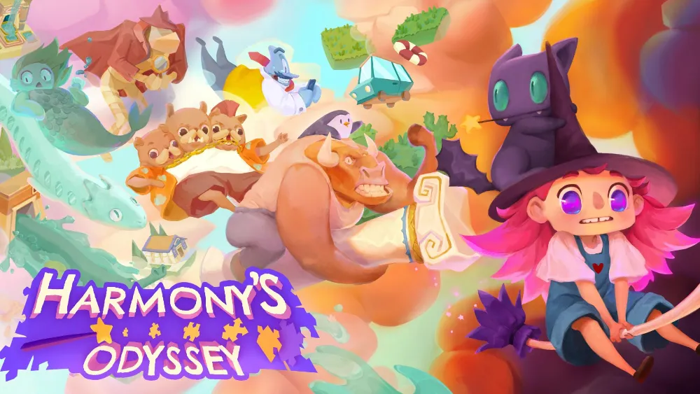 Ekran tytułowy gry Harmony's Odyssey, Czarownica na miotle na tle kolorowych dioram