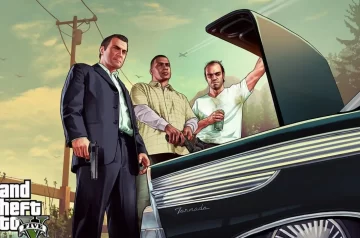 Grafika przedstawia trzech głównych bohaterów GTA 5 zaglądających do bagażnika samochodu