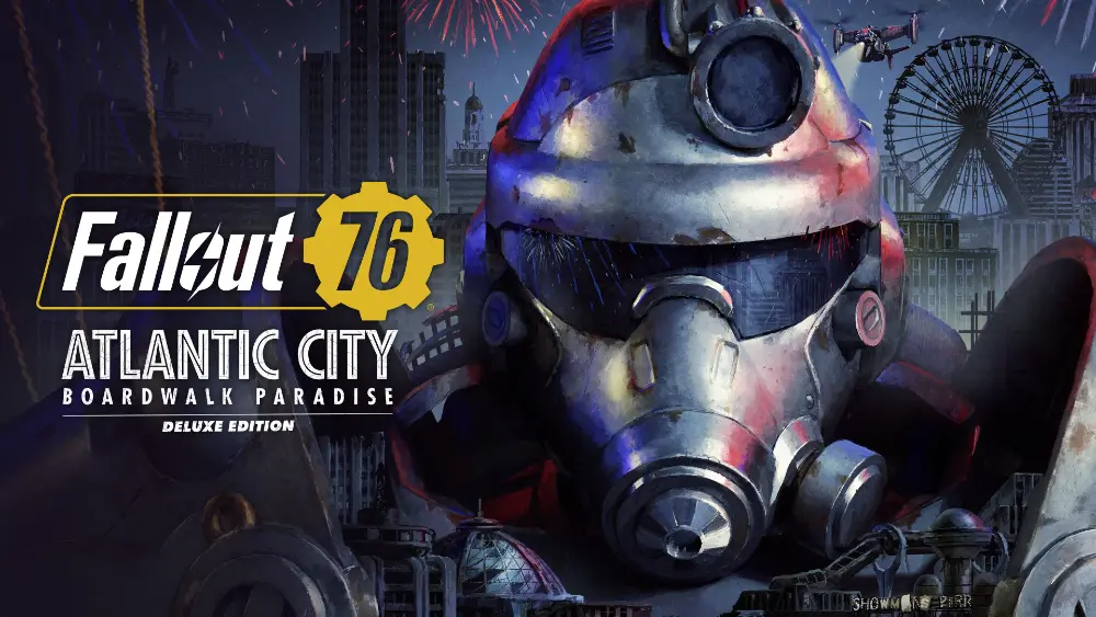 Plakat nowego dodatku do fallout 76, żołnierz enklavy na tle atlantic city