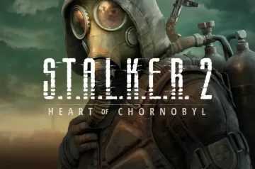 Okładka promocyjna gry S.T.A.L.K.E.R. 2 Hear t of Chernobyl. Postać w stroju z kapturem, maską przeciwgazową na twarzy oraz logo gry.