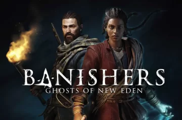 Grafika promocyjna Banishers Ghosts of New Eden. Mężczyzna trzyma pochodnię, kobieta ma zdolności duchowe