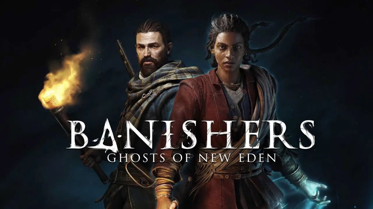 Grafika promocyjna Banishers Ghosts of New Eden. Mężczyzna trzyma pochodnię, kobieta ma zdolności duchowe