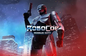 RoboCop na tle miasta, trzyma pistolet w dłoni, przed nim jest tytułgry