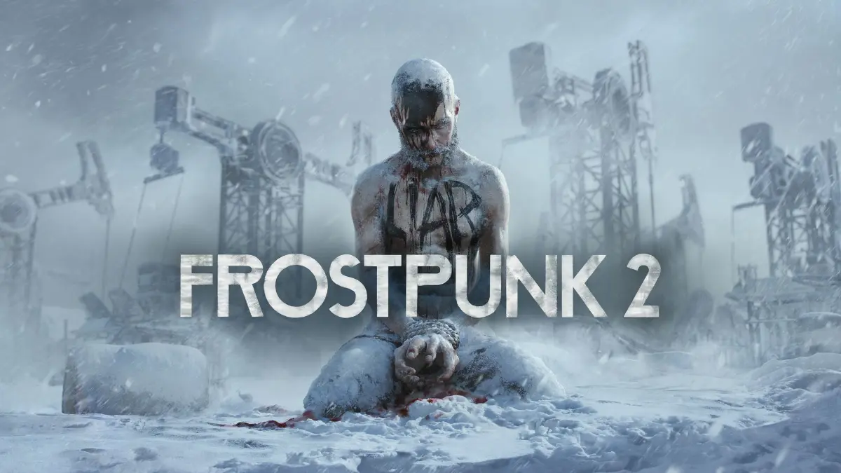 Gameplay z Forstpunk 2 - logo gry na tle śniegu i klęczącym pośrodku mężczyźnie.
