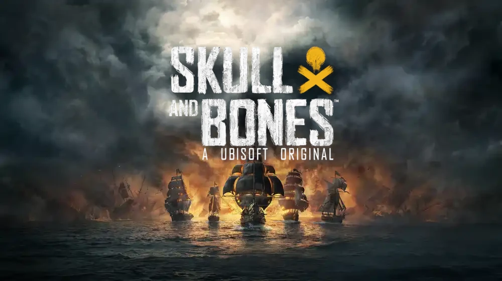 Bandera Skull and Bones — logo gry na tle statków.