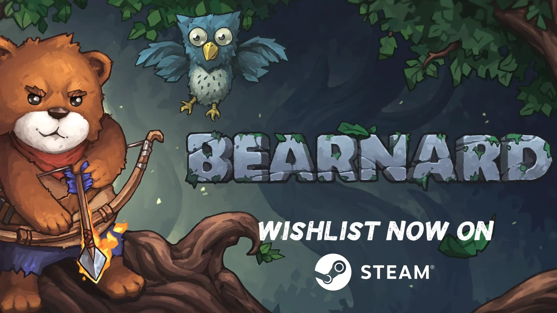 Grafika z gry Bearnard oraz napis "wishlist now on Steam"