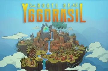 okładka z gry Root of Yggdrasil, unosząca się w powietrzu zielona wyspa z górą i rzeką