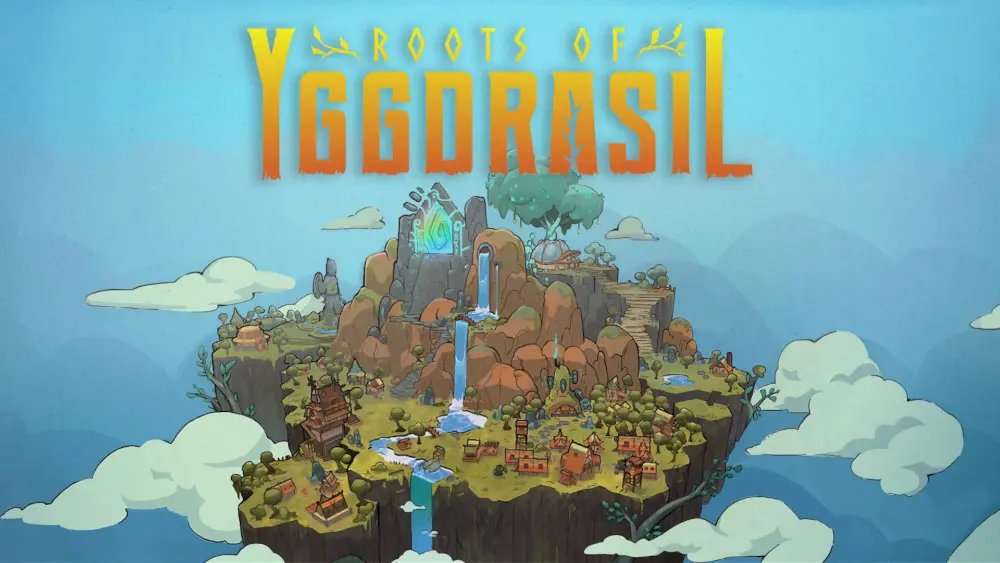 okładka z gry Root of Yggdrasil, unosząca się w powietrzu zielona wyspa z górą i rzeką