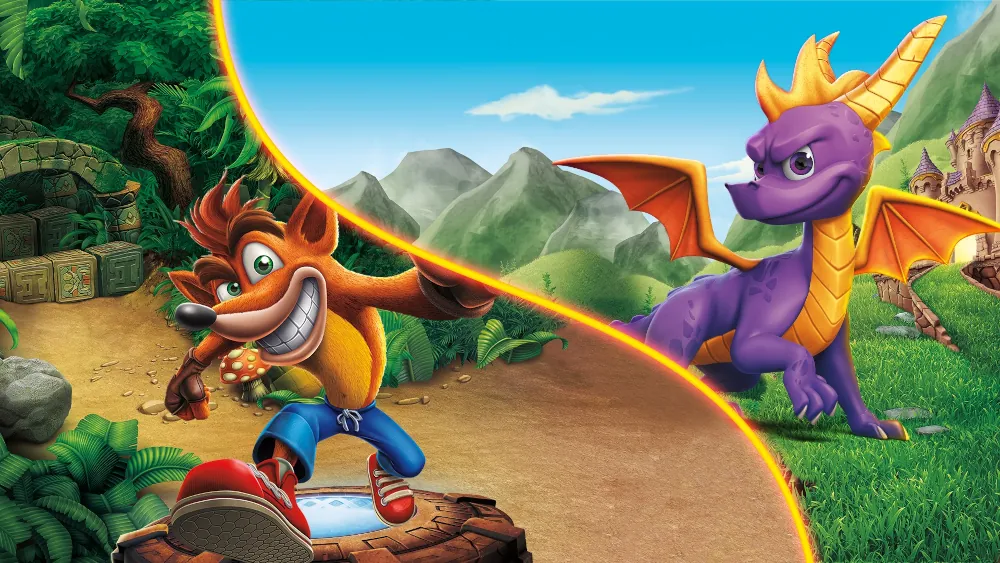 grafika z Crash Bandicoot oraz Spyro, postaciami z gier studia Toys for Bob