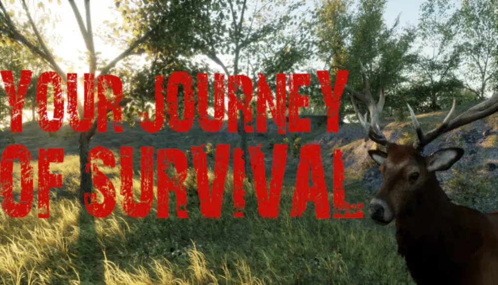 Logo gry Your Journey of Survival obok napisu znajduje się jeleń, a w koło las