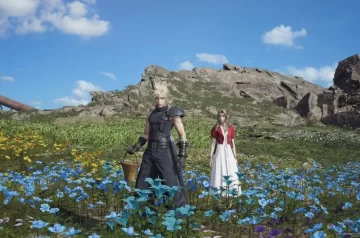 Cloud i Aerith na łące pełnej kwiatów