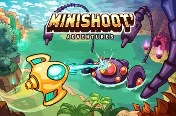 Okładka gry Minishoot Adventures, na nim statki strzelają do siebie na wyspie