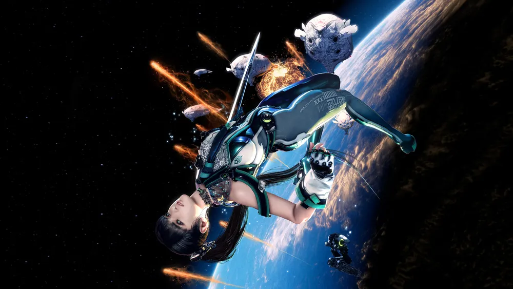 Demo Stellar Blade — główna postać na tle gwiezdnego nieba i statku kosmicznego