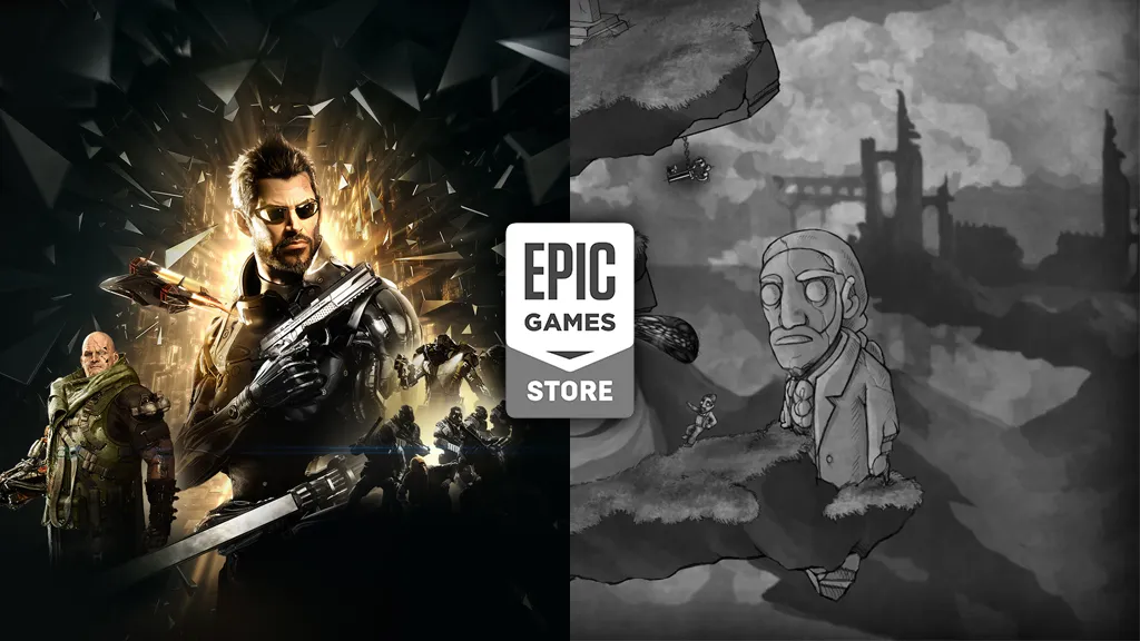 Grafika przedstawiająca dwie darmowe gry w Epic Games Store: Deus Ex: Mankind Divided i The Bridge.