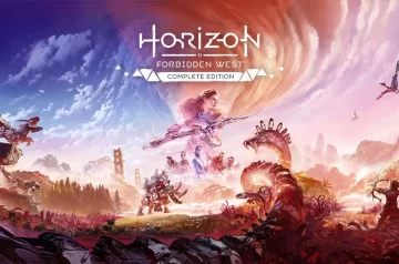 Okładka gry "Horizon Forbidden West Complete Edition" przedstawiająca postać kobiecą celującą z łuku w mechaniczne dinozaury na tle fantastycznego krajobrazu.