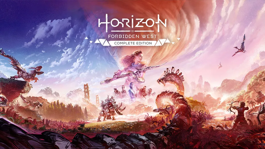 Okładka gry "Horizon Forbidden West Complete Edition" przedstawiająca postać kobiecą celującą z łuku w mechaniczne dinozaury na tle fantastycznego krajobrazu.