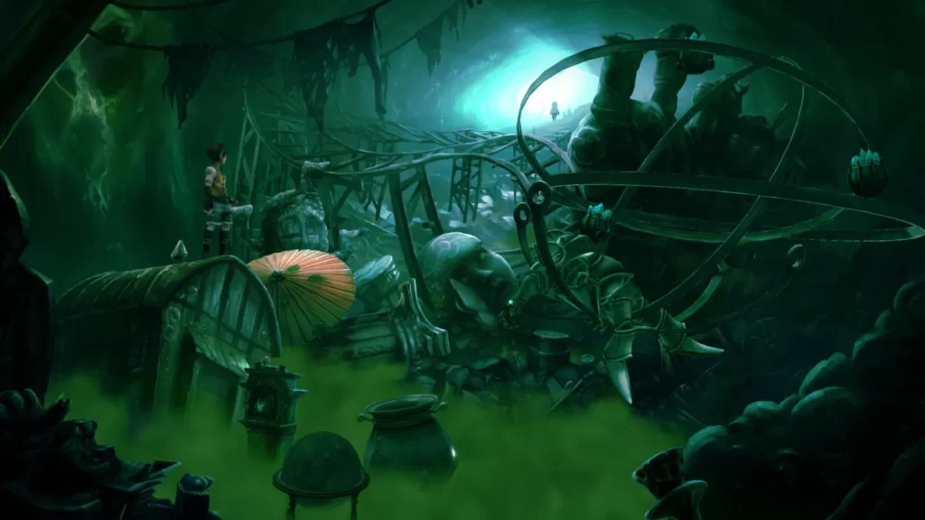 Screen z gry Silence: The Whispered World 2 przedstawia sylwetkę osoby stojącej obok czerwonego parasola w ciemnej jaskini.