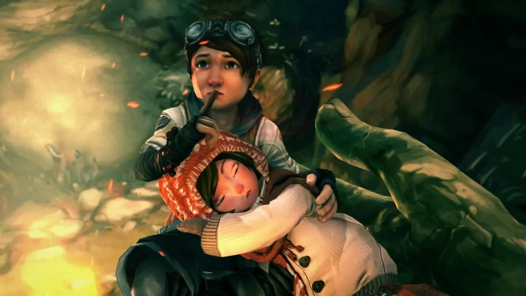 Screen z gry Silence: The Whispered World 2 przedstawia główne postacie. Noah przykłada palec do ust a Renie śpi na jego kolanach.