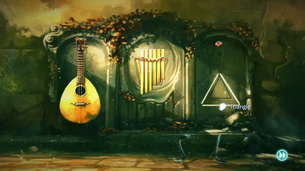 Obrazek przedstawia trzy instrumenty muzyczne: lutnię, fletnię oraz trójkąt wiszące na ścianie.