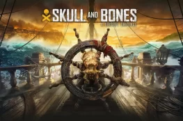 Skull and Bones — logo gry oraz widok na pokład statju i koło sternika.