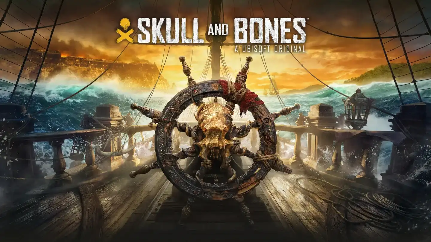 Skull and Bones — logo gry oraz widok na pokład statju i koło sternika.